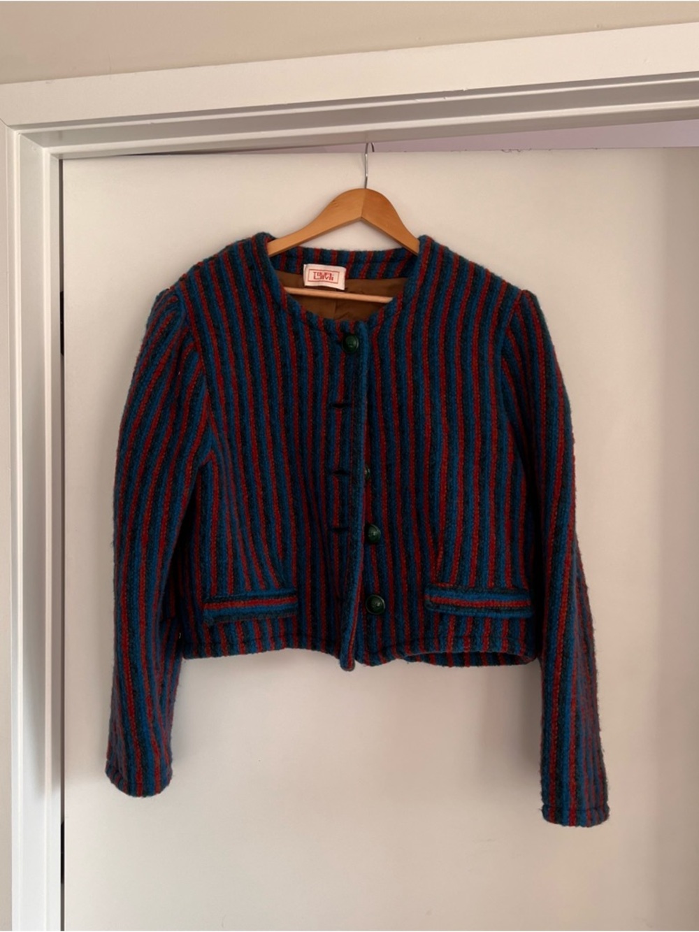 Tour Lava Vintage Striped Cropped Wool Jacket Blue Red Size M Statement Piece